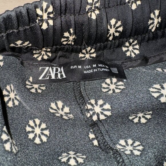 ZARA Black Floral Print Drawstring Straight Leg Pants Women's Medium M - Picture 3 of 6